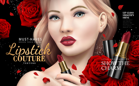 Lipstick couture ad with model face and red rose flowers, 3d illustrationのイラスト素材