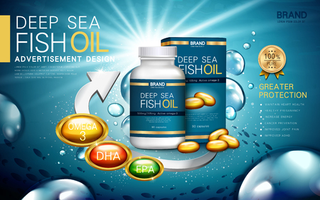 deep sea fish oil contained in a bottle and paper box, water background 3d illustrationのイラスト素材