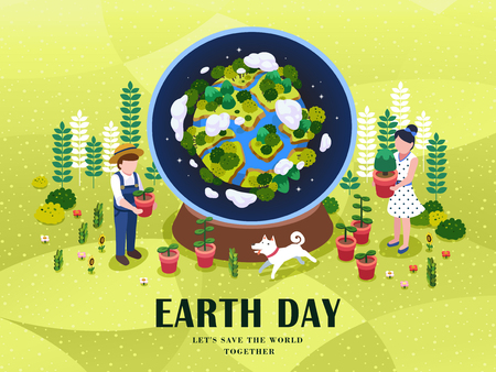 earth day illustration, two people holding potted plants and a dog, light green backgroundのイラスト素材