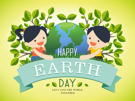 earth day illustration with two kids holding an earth, light green backgroundのイラスト素材