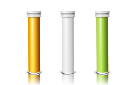 tablet bottles of three colors, isolated white background, 3d illustrationのイラスト素材