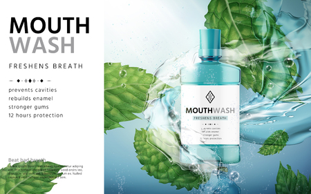 mouthwash mint flavor, with water flows and mint leaves, 3d illustrationのイラスト素材