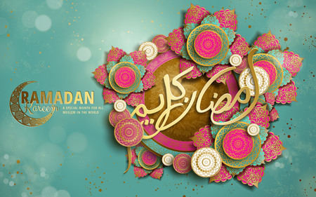 calligraphy design for Ramadan Kareem, with crescent decoration and flower shaped patterns, turquoise bokeh backgroundのイラスト素材