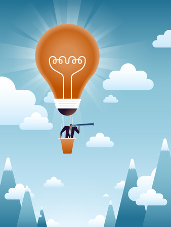 business concept illustration, suited man exploring new markets in a light bulb balloonのイラスト素材
