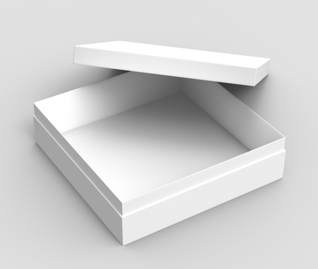tilt white flat 3d rendering blank open box, isolated gray background