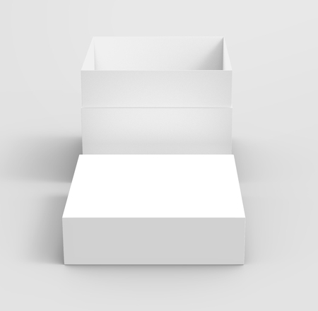 white flat 3d rendering blank open box, isolated gray backgroundの写真素材