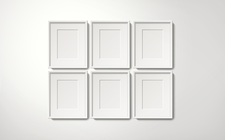 Blank white picture frames collection in an orderly way hanging on the wall, 3d illustration realistic styleのイラスト素材