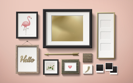 Blank picture frames decoration in different shapes hanging on the pink wall, 3d illustration in...