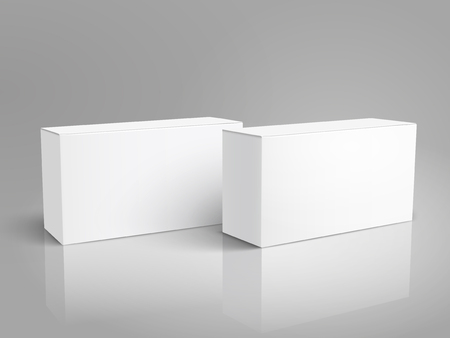 Two left tilt blank paper boxes 3d illustration, can be used as design element, isolated gray background, elevated viewのイラスト素材