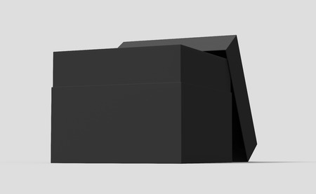 black 3d rendering blank square box with separate lid, isolated gray backgroundの写真素材