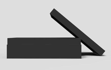 3d rendering black blank half open box with lid, isolated light gray background side view