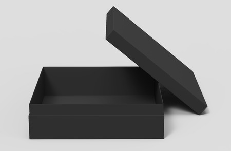 3d rendering black blank half open box with lid, isolated light gray background elevated viewの写真素材