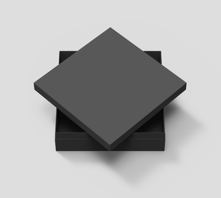 black blank paper box with spun lid covering, isolated gray background, 3d rendering elevated viewの写真素材