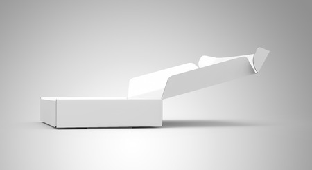 Blank tuck top box template, open paper box mockup isolated on light gray background, side viewの写真素材