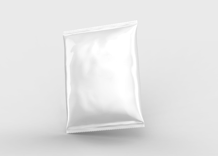 Pearl white foil package mockup, blank bag template for design uses in 3d rendering isolated on light gray backgroundの写真素材