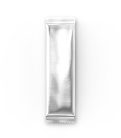 Blank food package mockup, one silver bag template for snacks, sugar or instant coffee in 3d rendering, top viewの写真素材
