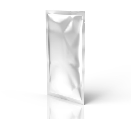 Facial mask package mockup, blank foil package template in 3d rendering, standing pack isolated on white background, long shapeの写真素材