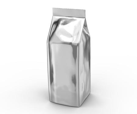 Silver coffee bean bag mockup, blank foil bag template in 3d renderingの写真素材