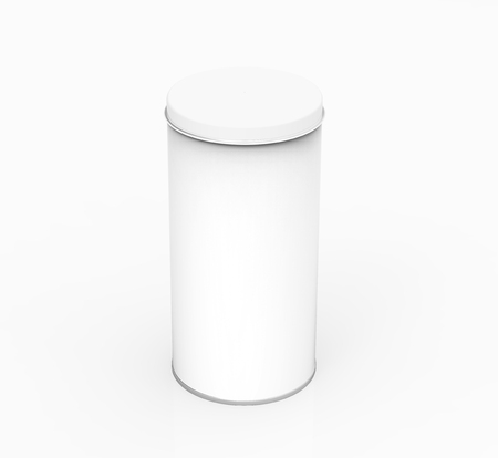 Tall metal tin mockup, blank round tin can template with glossy surface in 3d rendering for design usesの写真素材