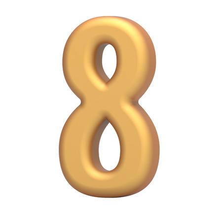 golden number 8, 3D rendering matte gold number isolated on white background