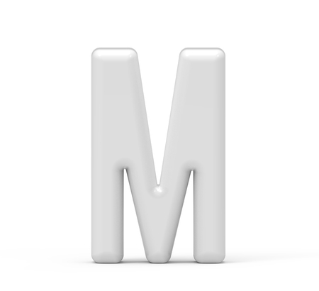 pearl white letter M, 3D rendering inflated alphabet isolated on white backgroundの写真素材