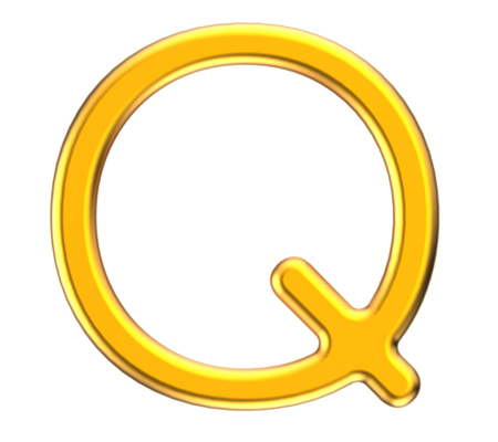 3D render metallic alphabet Q, thin and glossy golden 3D font designの写真素材