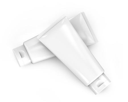 Blank face wash mockup, 3d render cream tube set template isolated on white background, top viewの写真素材