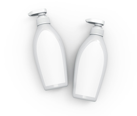 Pump dispenser bottle mockup, blank white plastic bottles with label, shampoo or body wash set, top view 3d renderingの写真素材