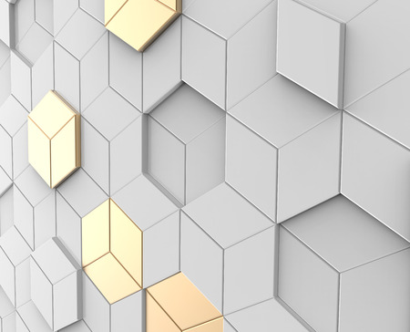 Geometric white background, 3d render white hexagon or polygonal shape backdrop with some golden...