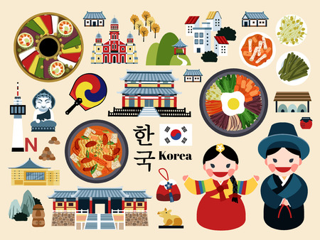 Lovely Korea travel concept set, Korean traditional culture symbol collection, korea country name in Korean wordsのイラスト素材