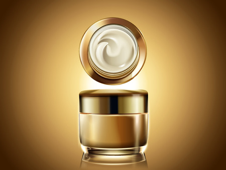 Golden cream jar mockup, blank cosmetic container template for design use with cream texture in 3d illustration, glowing golden backgroundのイラスト素材