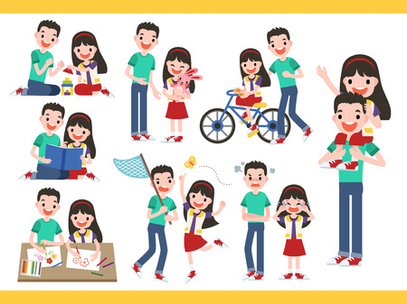 Family character set, brother and sister playing together in flat designのイラスト素材