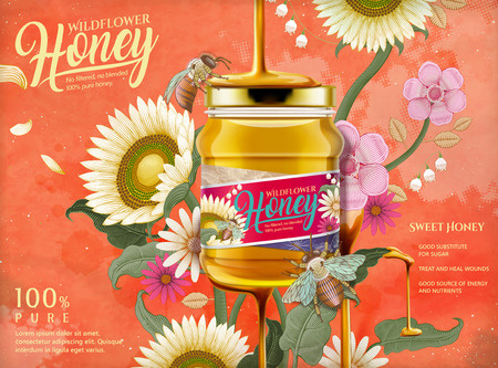 Attractive honey ads, honey dripping from top on the glass jar in 3d illustration with elegant flowers elements, etching shading style background in orange toneのイラスト素材