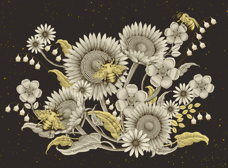 Honey bees and flowers vector illustrationのイラスト素材