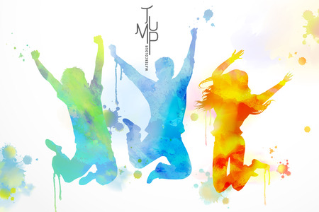 Watercolor jumping people, young boys and girls in victory pose with watercolor paint strokesのイラスト素材