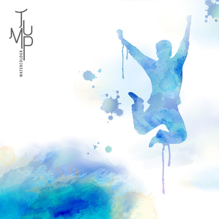Watercolor jump man, man in victory pose with watercolor paint strokesのイラスト素材