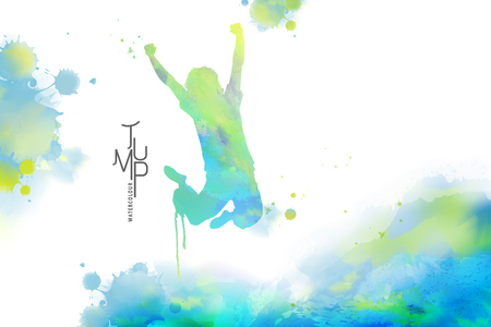 Watercolor jump man, man in victory pose with watercolor paint strokesのイラスト素材