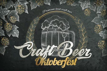 Craft beer poster with a beer barrel and hops elements for oktoberfest festival on a blackboard backgroundのイラスト素材
