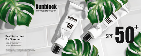 Sunblock tube ads on white tiles with tropical leaves, 3d illustration