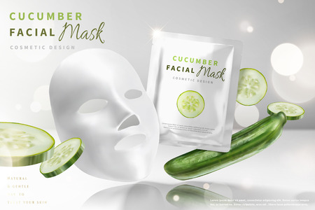 Cucumber facial mask with ingredients in 3d illustration, glitter pearl white backgroundのイラスト素材