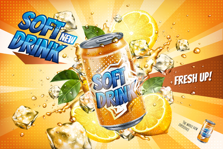 Soft drink ads with sliced lemon and floating ice cubes in 3d illustrationのイラスト素材