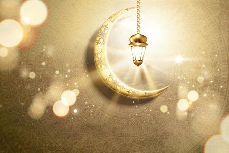 Arabic holiday design with golden crescent and glowing lantern on mandala background, 3d illustrationのイラスト素材