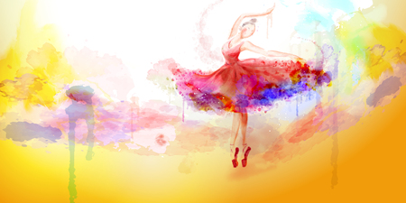 Elegant watercolor style ballerina dancing with colorful paint strokesのイラスト素材