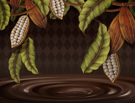 Cacao plant decorated frame on rhombus background in engraving style, 3d illustration chocolate sauceのイラスト素材