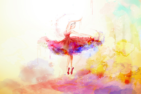 Elegant watercolor style ballerina dancing with colorful paint strokesのイラスト素材