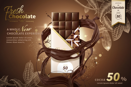 Premium chocolate ads with swirl sauce in 3d illustration, engraved cacao plants elementsのイラスト素材