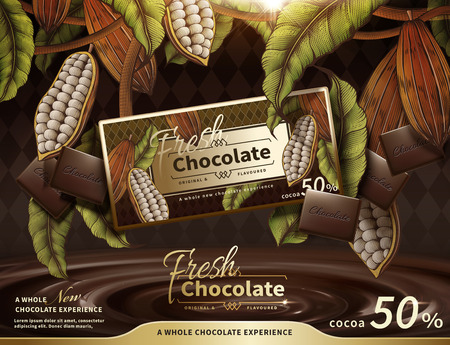 Premium chocolate ads with swirl sauce in 3d illustration, engraved cacao plants elementsのイラスト素材