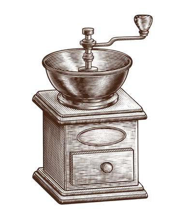 Engraved coffee grinder equipment on white background