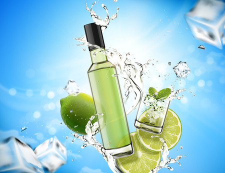 Refreshing mojito design element with splashing liquid and lime, ice cubes in 3d illustration, bokeh blue backgroundのイラスト素材