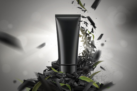 Blank cosmetic plastic tube in 3d illustration with crushed carbons and leaves on bokeh backgroundのイラスト素材